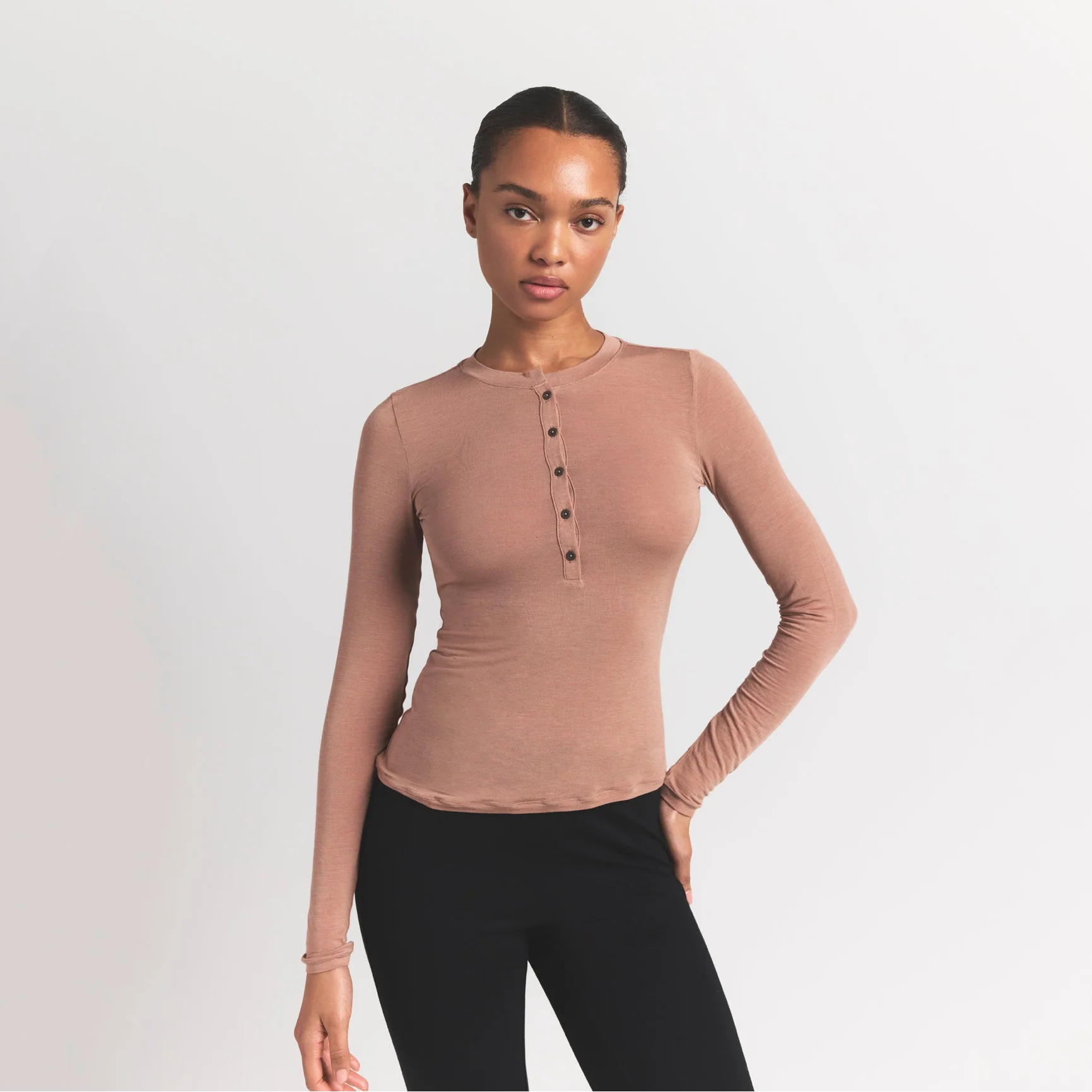 SHEER MODAL CREW NECK HENLEY | SIENNA ON A MODEL SIDE VIEW S | FOCUS: 0.0, 1.0, 0.9