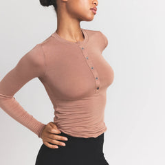 SHEER MODAL CREW NECK HENLEY | SIENNA ON A MODEL SIDE VIEW S | FOCUS: 0.0, 1.0, 0.9