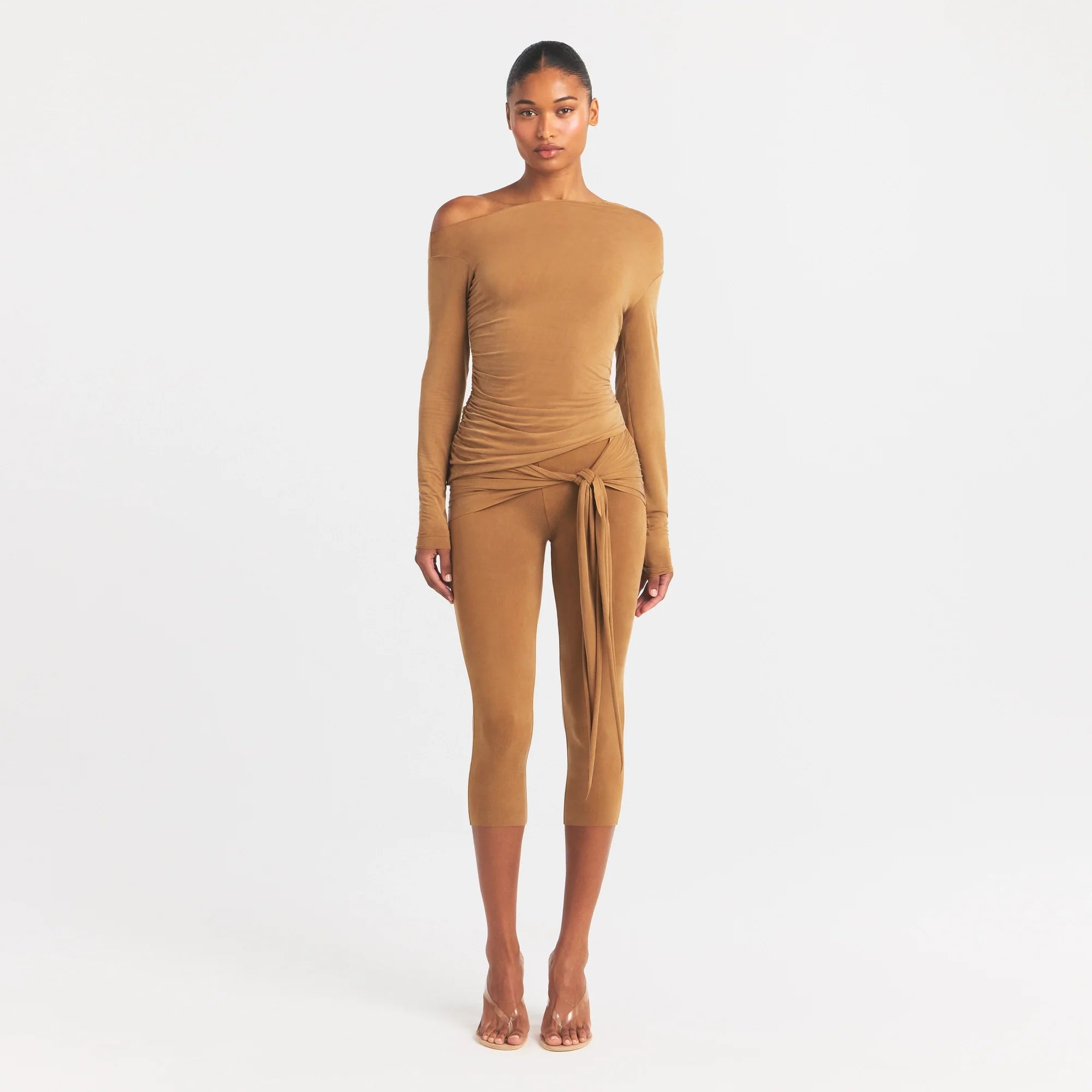 CUPRO JERSEY ASYMMETRICAL TOP | ALMOND ON A MODEL FRONT VIEW @ | FOCUS: 0.0, 1.0, 0.9