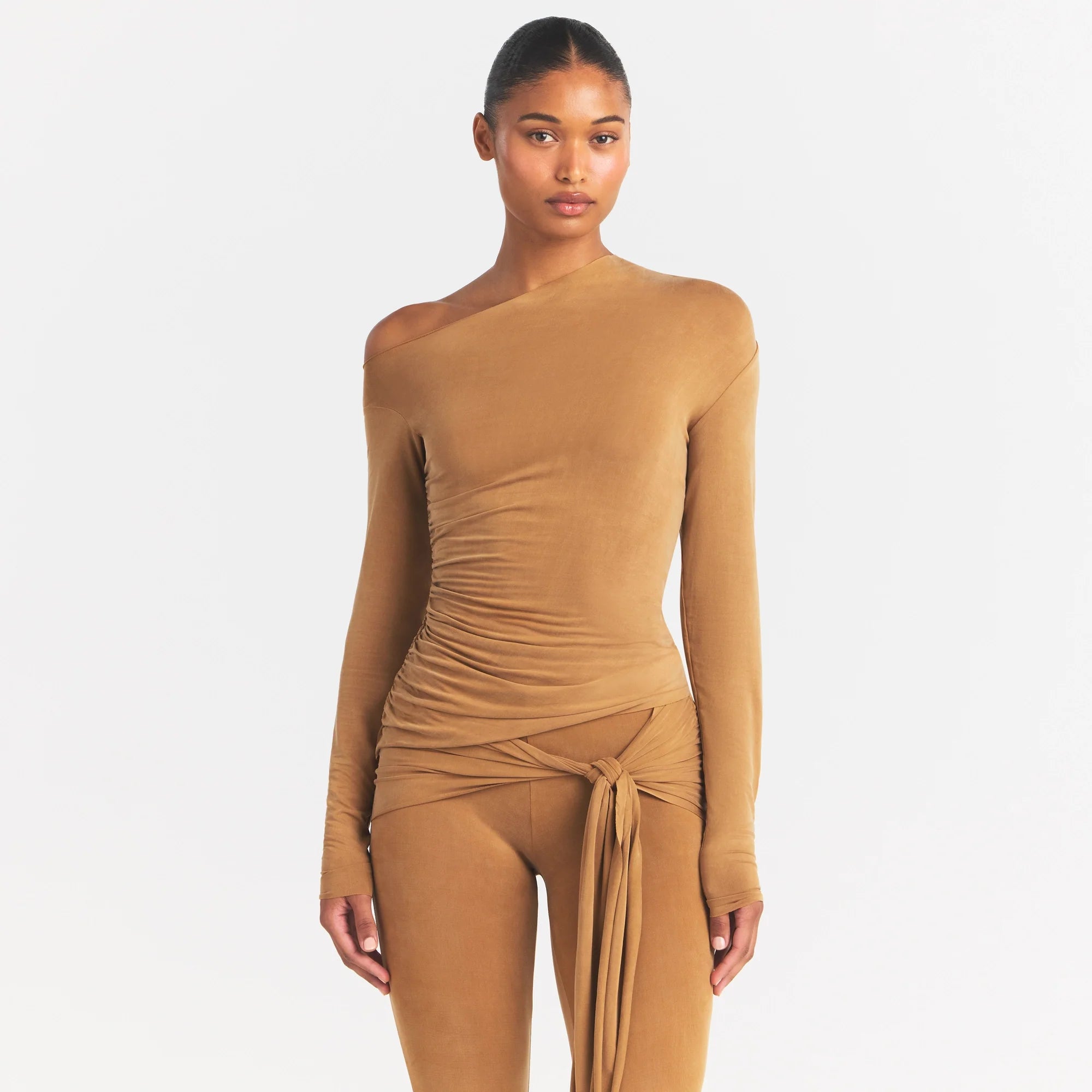 CUPRO JERSEY ASYMMETRICAL TOP | ALMOND ON A MODEL SIDE VIEW @ | FOCUS: 0.0, 1.0, 0.9