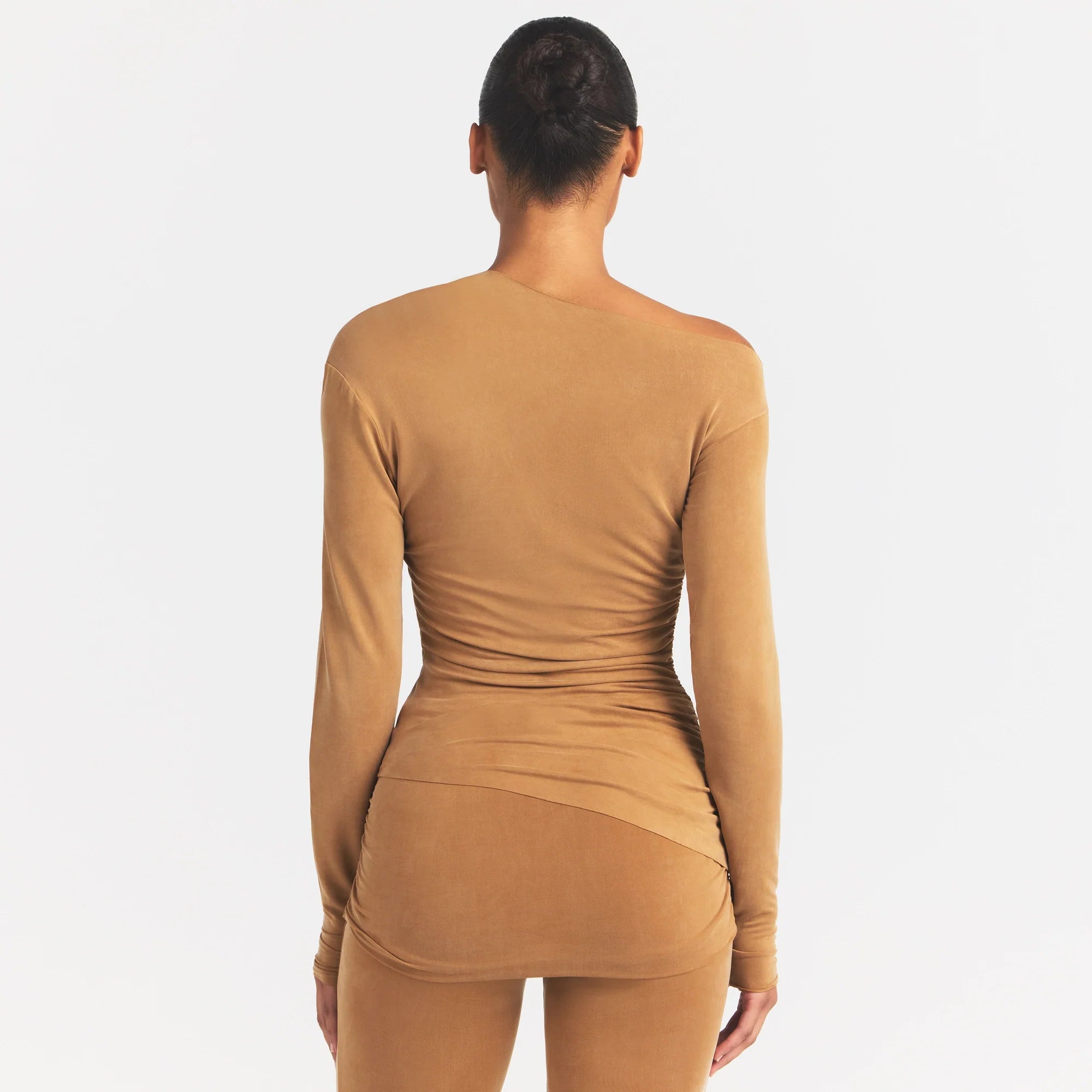 CUPRO JERSEY ASYMMETRICAL TOP | ALMOND ON A MODEL SIDE VIEW @ | FOCUS: 0.0, 1.0, 0.9