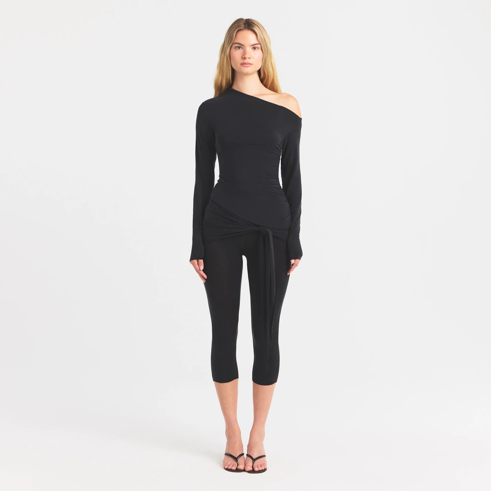 CUPRO JERSEY ASYMMETRICAL TOP | OBSIDIAN ON A MODEL FRONT VIEW @ | FOCUS: 0.0, 1.0, 0.9
