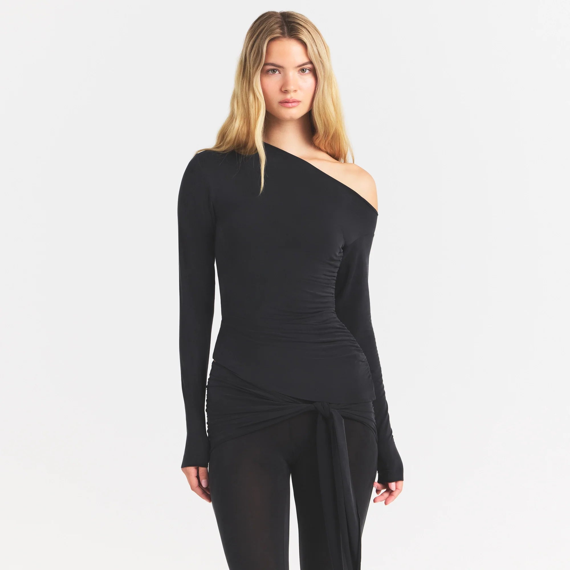 CUPRO JERSEY ASYMMETRICAL TOP | OBSIDIAN ON A MODEL SIDE VIEW @ | FOCUS: 0.0, 1.0, 0.9