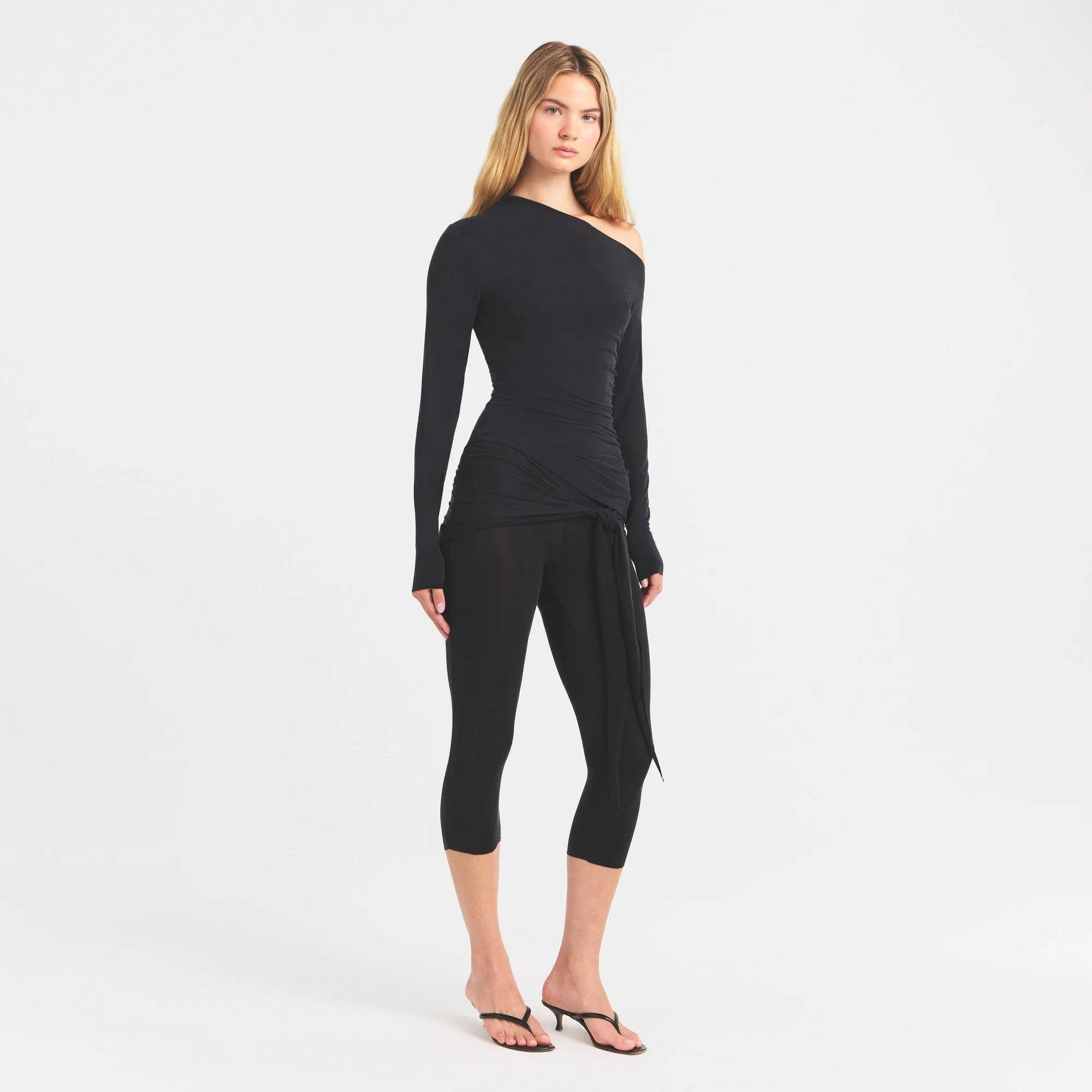 CUPRO JERSEY ASYMMETRICAL TOP | OBSIDIAN ON A MODEL FRONT VIEW @ | FOCUS: 0.0, 1.0, 0.9