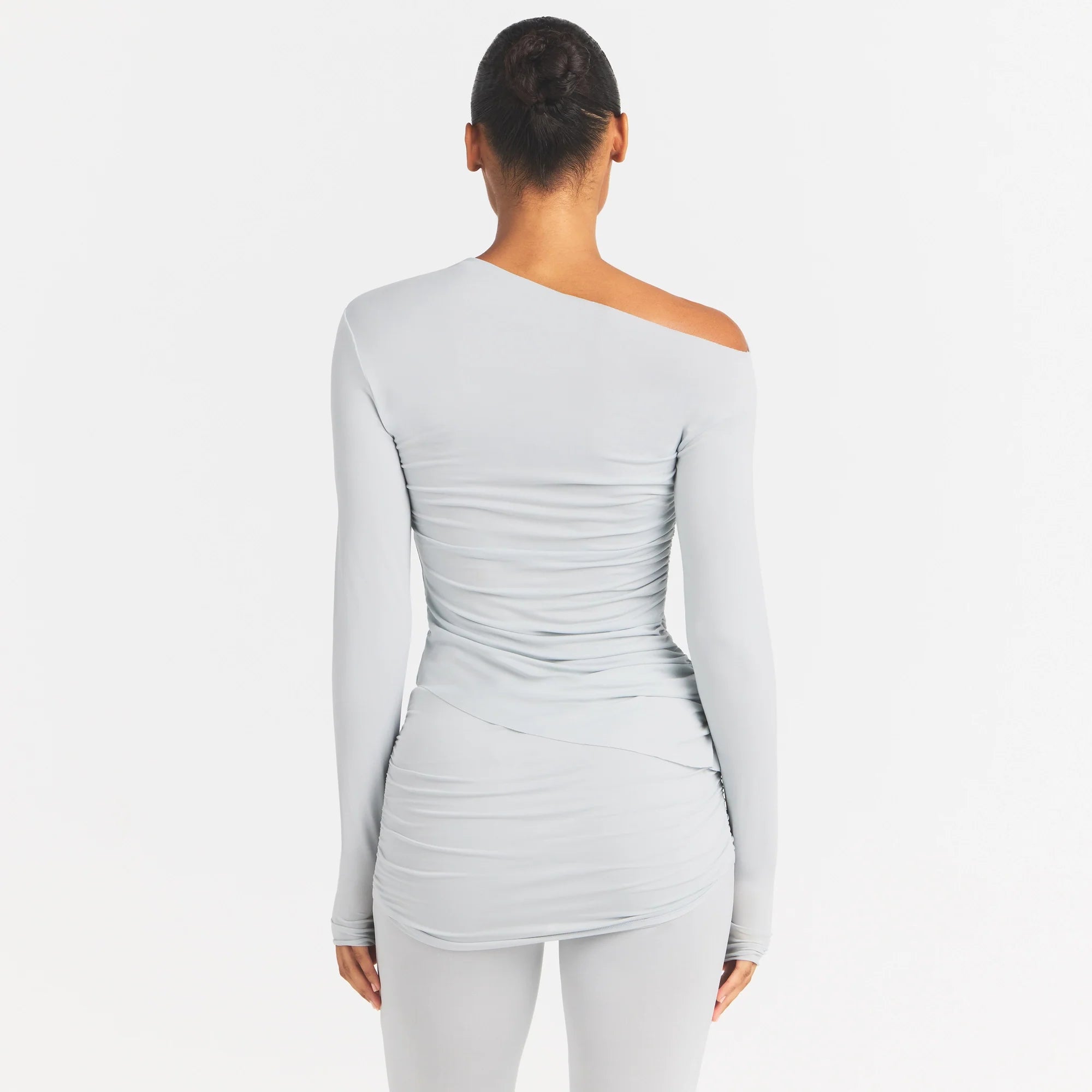 CUPRO JERSEY ASYMMETRICAL TOP | PEARL ON A MODEL SIDE VIEW @ | FOCUS: 0.0, 1.0, 0.9