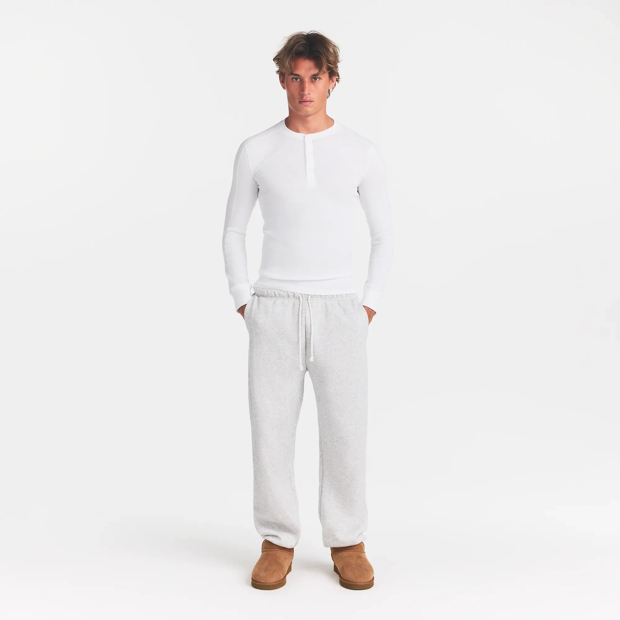 SKIMS COTTON RIB MENS HENLEY | CHALK ON A MODEL FRONT VIEW @ | FOCUS: 0.0, 1.0, 0.9