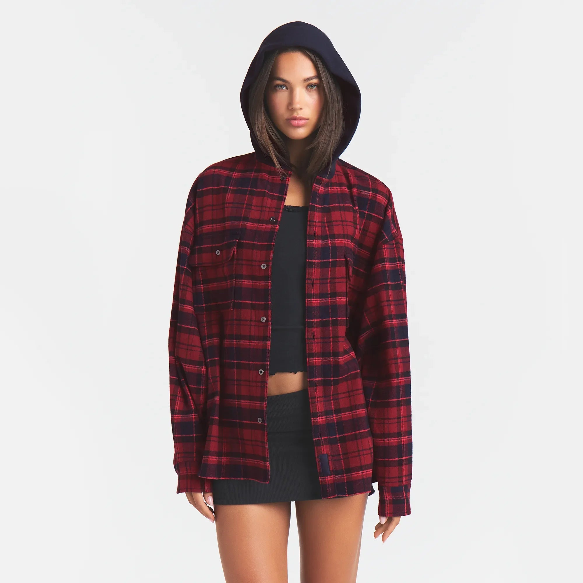 OUTDOOR FLANNEL OVERSIZED HOODED SHIRT | MERLOT CABIN PLAID ON A MODEL | FOCUS: 0.0, 1.0, 0.9