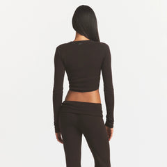 ESSENTIAL KNIT ROUNDED CROPPED CARDIGAN | ESPRESSO & LAYS FLAT ON A WHITE BACKGROUND | FLT