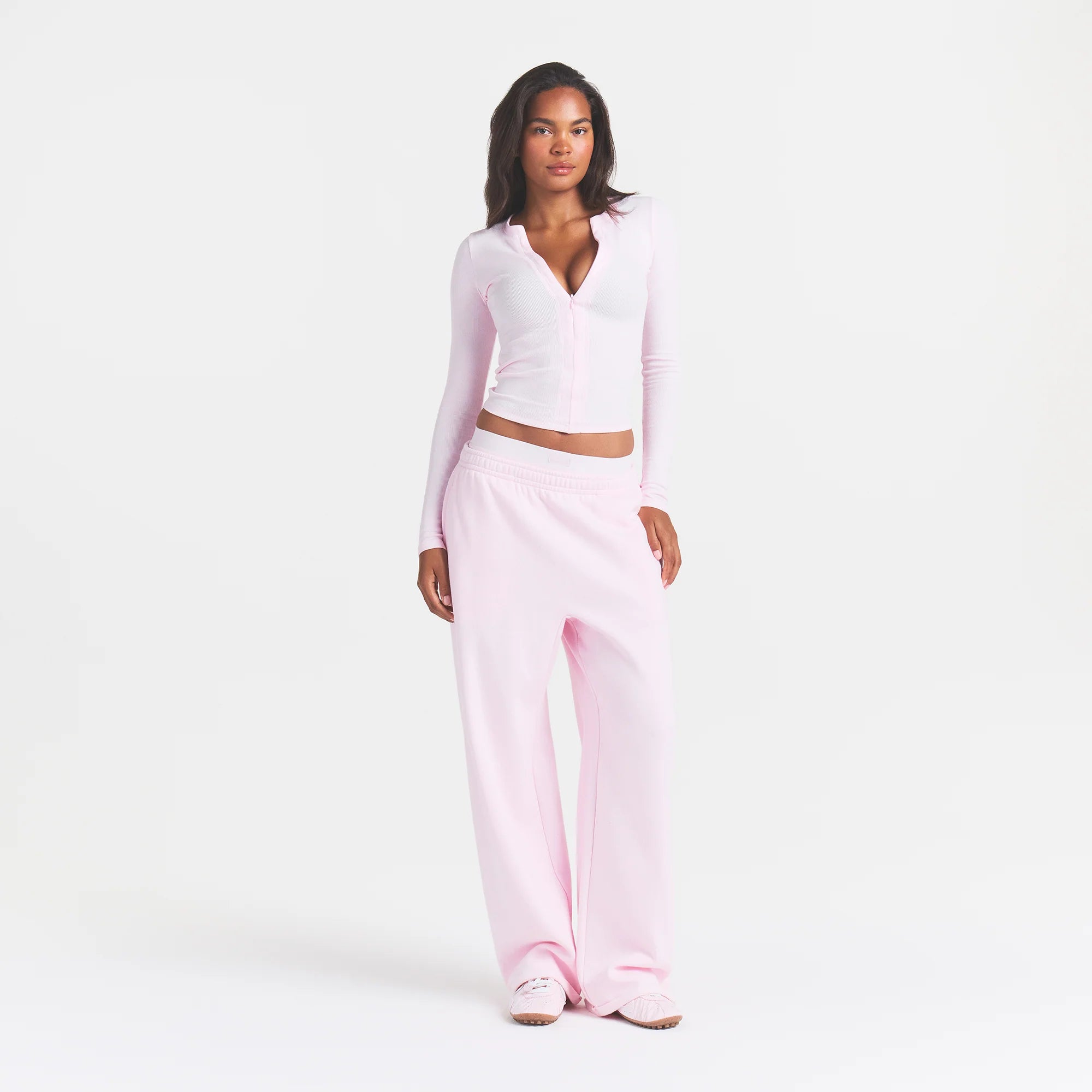 COTTON RIB ZIP UP TOP | CHERRY BLOSSOM ON A MODEL FRONT VIEW @ | FOCUS: 0.0, 1.0, 0.9