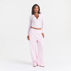 COTTON RIB ZIP UP TOP | CHERRY BLOSSOM ON A MODEL FRONT VIEW @ | FOCUS: 0.0, 1.0, 0.9