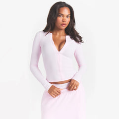 COTTON RIB ZIP UP TOP | CHERRY BLOSSOM ON A MODEL FRONT VIEW @ | FOCUS: 0.0, 1.0, 0.9