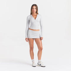COTTON RIB ZIP UP TOP | LIGHT HEATHER GREY ON A MODEL FRONT VIEW @ | FOCUS: 0.0, 1.0, 0.9