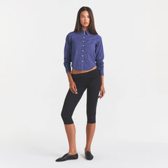 COTTON POPLIN SHRUNKEN BUTTON UP SHIRT | NAVY CHECK ON A MODEL | FOCUS: 0.0, 1.0, 0.9