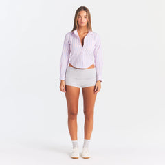 COTTON POPLIN SHRUNKEN BUTTON UP SHIRT | PINK TULLE WIDE STRIPE ON A MODEL | FOCUS: 0.0, 1.0, 0.9