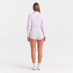 COTTON POPLIN SHRUNKEN BUTTON UP SHIRT | PINK TULLE WIDE STRIPE ON A MODEL | FOCUS: 0.0, 1.0, 0.9
