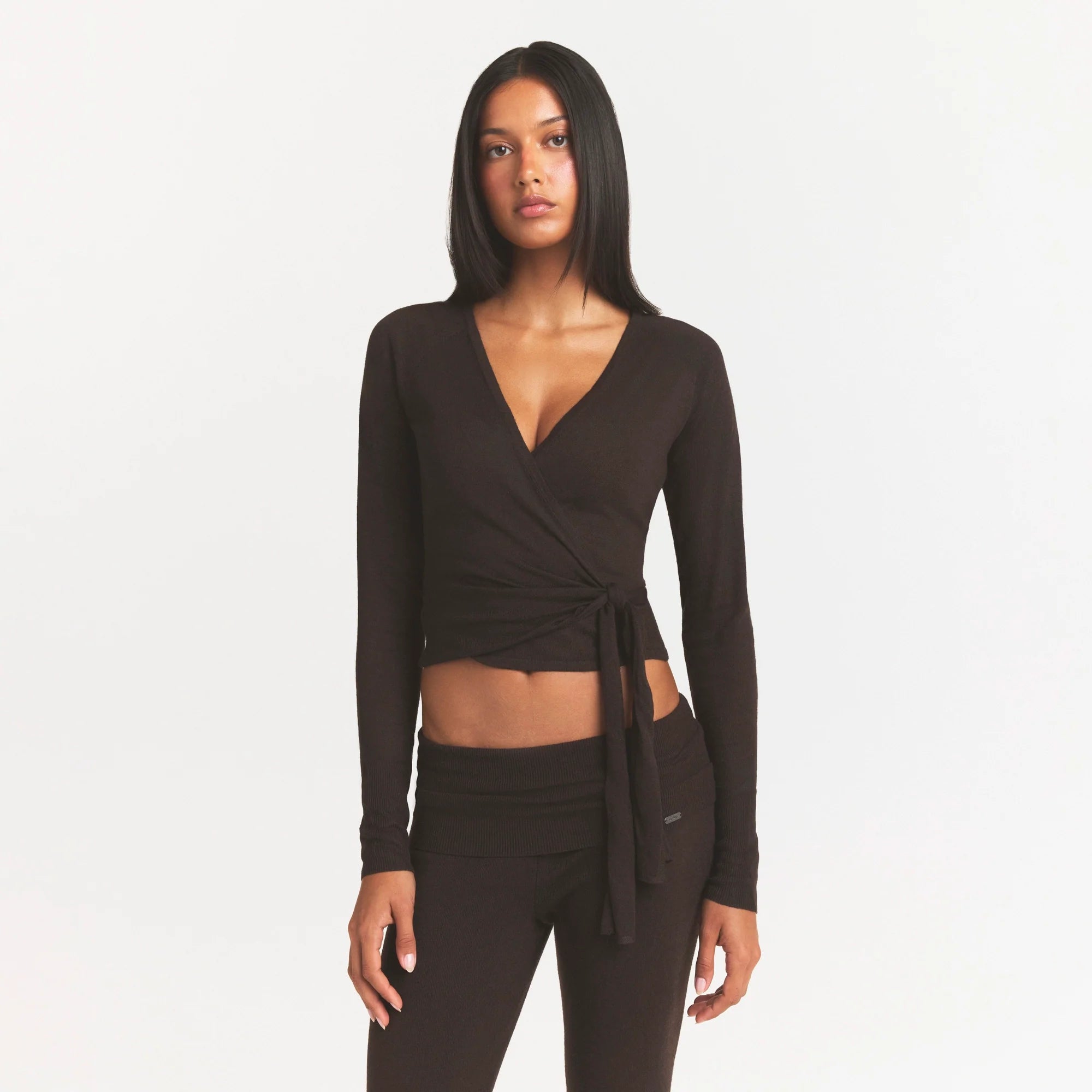 ESSENTIAL KNIT WRAP SWEATER | ESPRESSO & LAYS FLAT ON A WHITE BACKGROUND | FLT