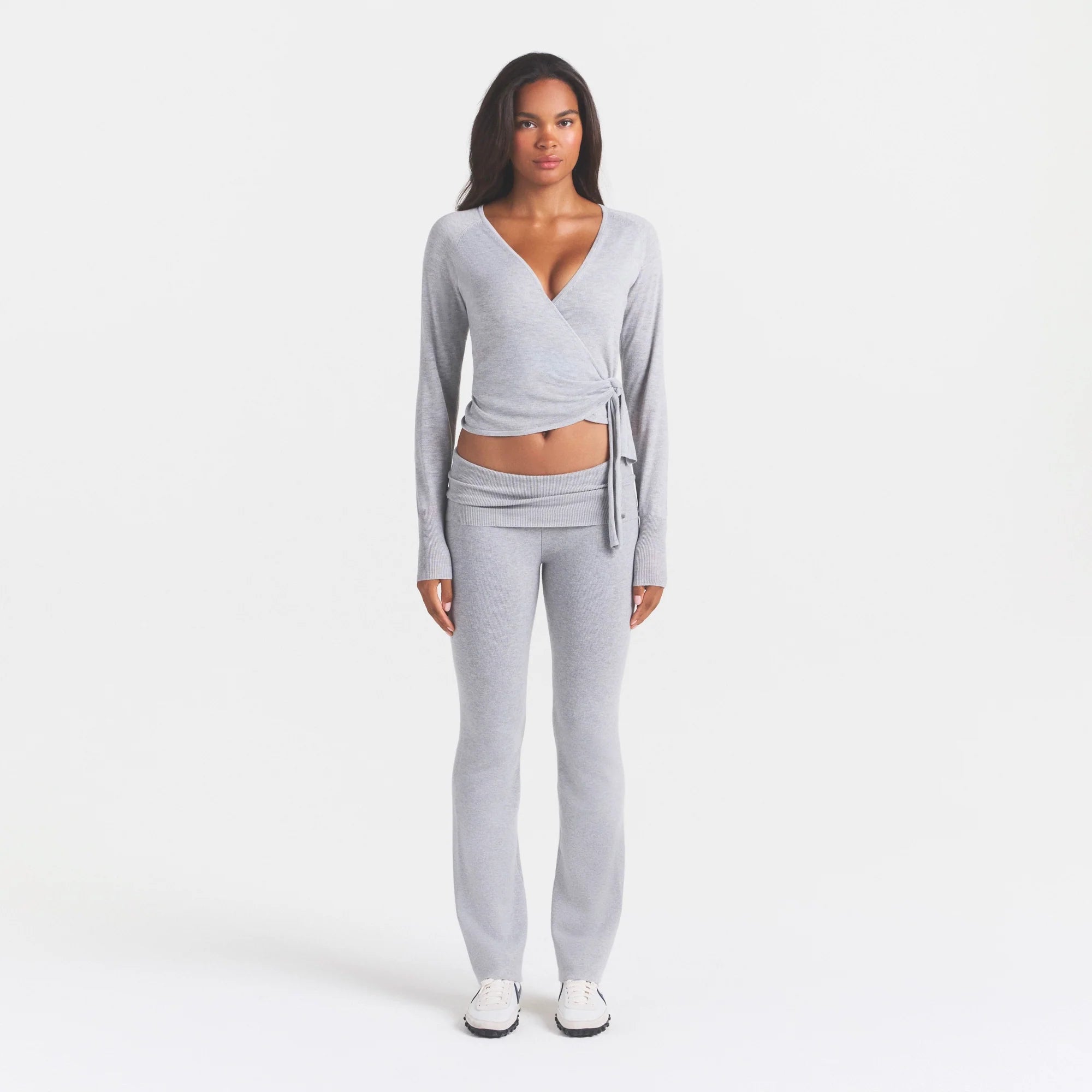 ESSENTIAL SWEATERS WRAP SWEATER | MID HEATHER GREY & LAYS FLAT ON A WHITE BACKGROUND | FLT @ | FOCUS: 0.0, 1.0, 0.9