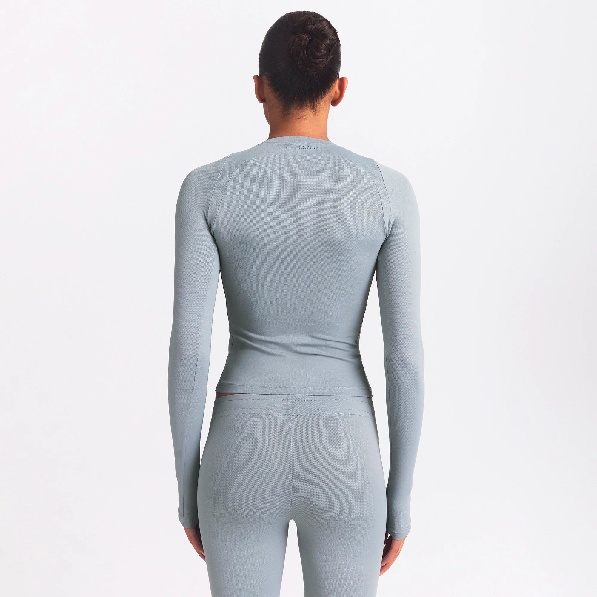 NikeSKIMS AIRY LONG SLEEVE CREW NECK TOP | WASHED PACIFIC ON A MODEL SIDE VIEW @ | FOCUS: 0.0, 1.0, 0.9