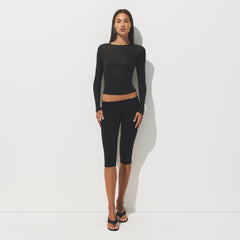 SHEER COTTON LONG SLEEVE T-SHIRT | SOOT ON A MODEL FRONT VIEW | FOCUS: 0.0, 1.0, 0.9