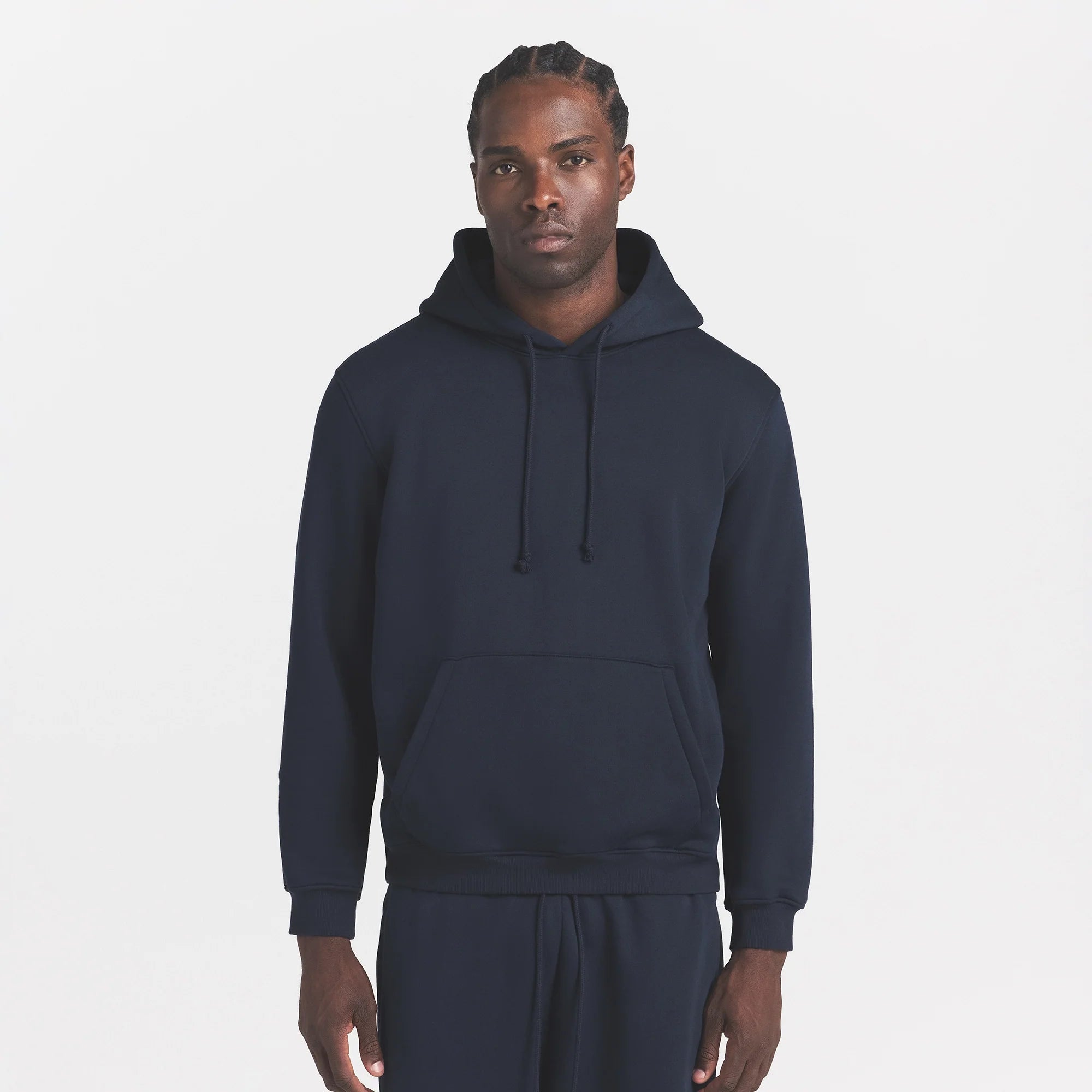 FLEECE LOUNGE MENS CLASSIC HOODIE | NAVY ON A MODEL FRONT VIEW @ | FOCUS: 0.0, 1.0, 0.9