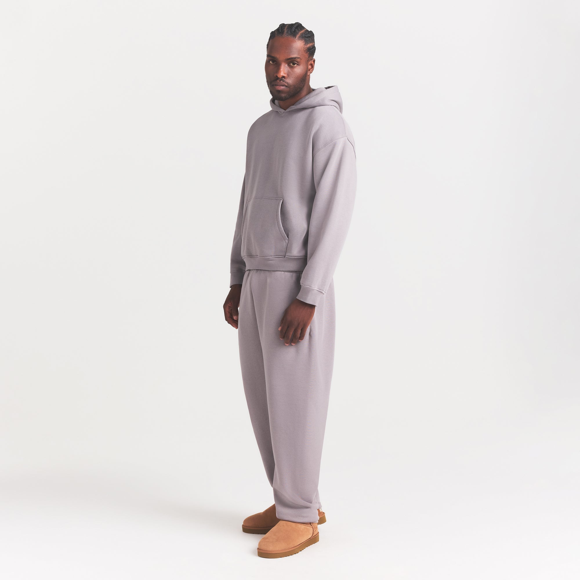 FLEECE LOUNGE MENS CLASSIC HOODIE | SHADOW ON A MODEL FRONT VIEW @ | FOCUS: 0.0, 1.0, 0.9