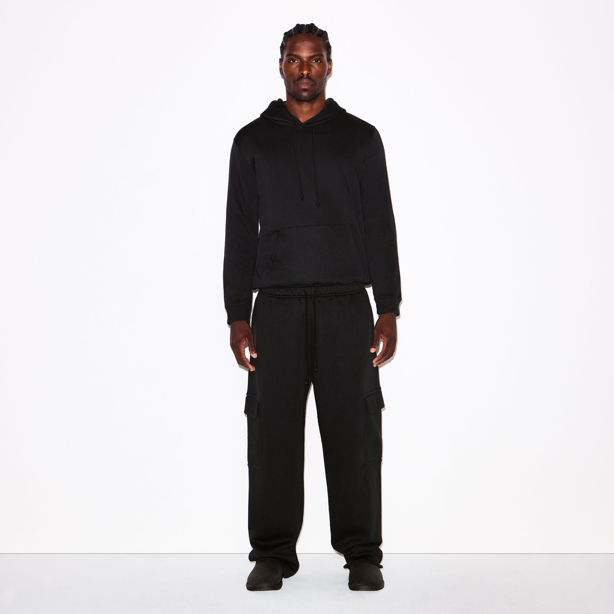 FLEECE LOUNGE MENS CLASSIC HOODIE | WASHED ONYX ON A MODEL FRONT VIEW @ | FOCUS: 0.0, 1.0, 0.9