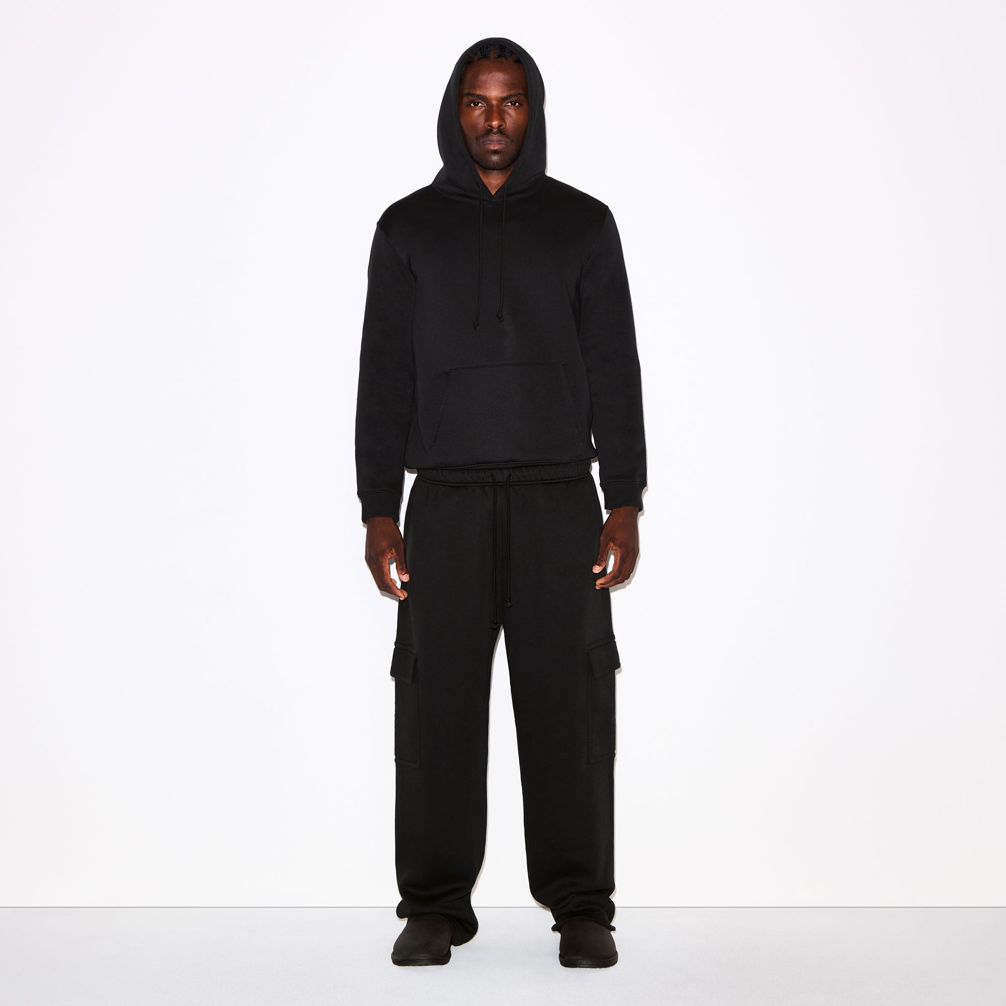 FLEECE LOUNGE MENS CLASSIC HOODIE | WASHED ONYX ON A MODEL FRONT VIEW @ | FOCUS: 0.0, 1.0, 0.9