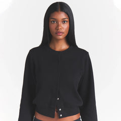 COTTON FLEECE SHRUNKEN CARDIGAN | ONYX ON A MODEL SIDE VIEW @ | FOCUS: 0.0, 1.0, 0.9