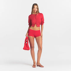 COTTON FLEECE SHRUNKEN CARDIGAN | WASHED RED ON A MODEL FRONT VIEW @ | FOCUS: 0.0, 1.0, 0.9