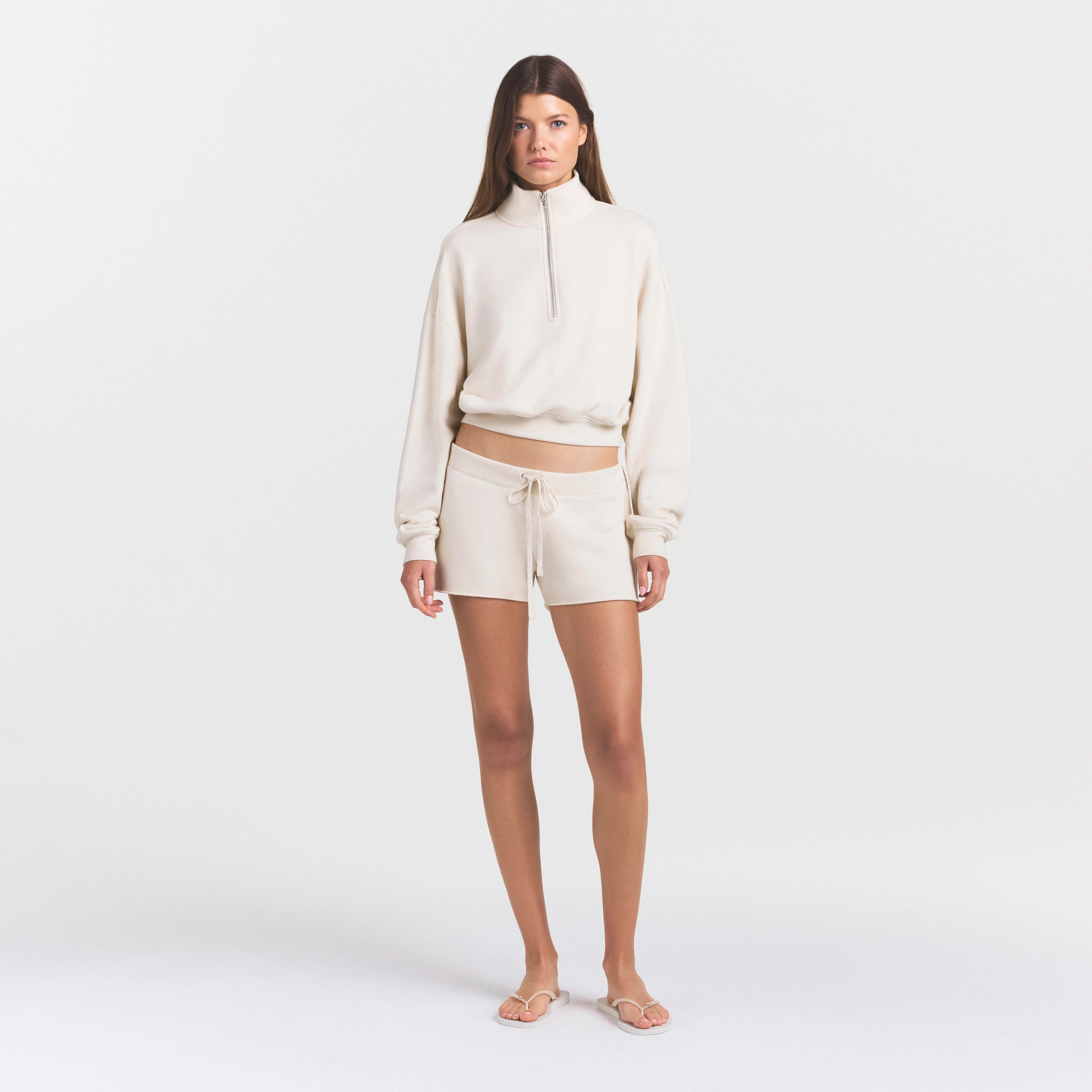 DRAPEY FRENCH TERRY HALF ZIP | BUFF ON A MODEL FRONT VIEW @ | FOCUS: 0.0, 1.0, 0.9