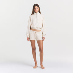 DRAPEY FRENCH TERRY HALF ZIP | BUFF ON A MODEL FRONT VIEW @ | FOCUS: 0.0, 1.0, 0.9