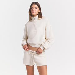 DRAPEY FRENCH TERRY HALF ZIP | BUFF ON A MODEL SIDE VIEW @ | FOCUS: 0.0, 1.0, 0.9