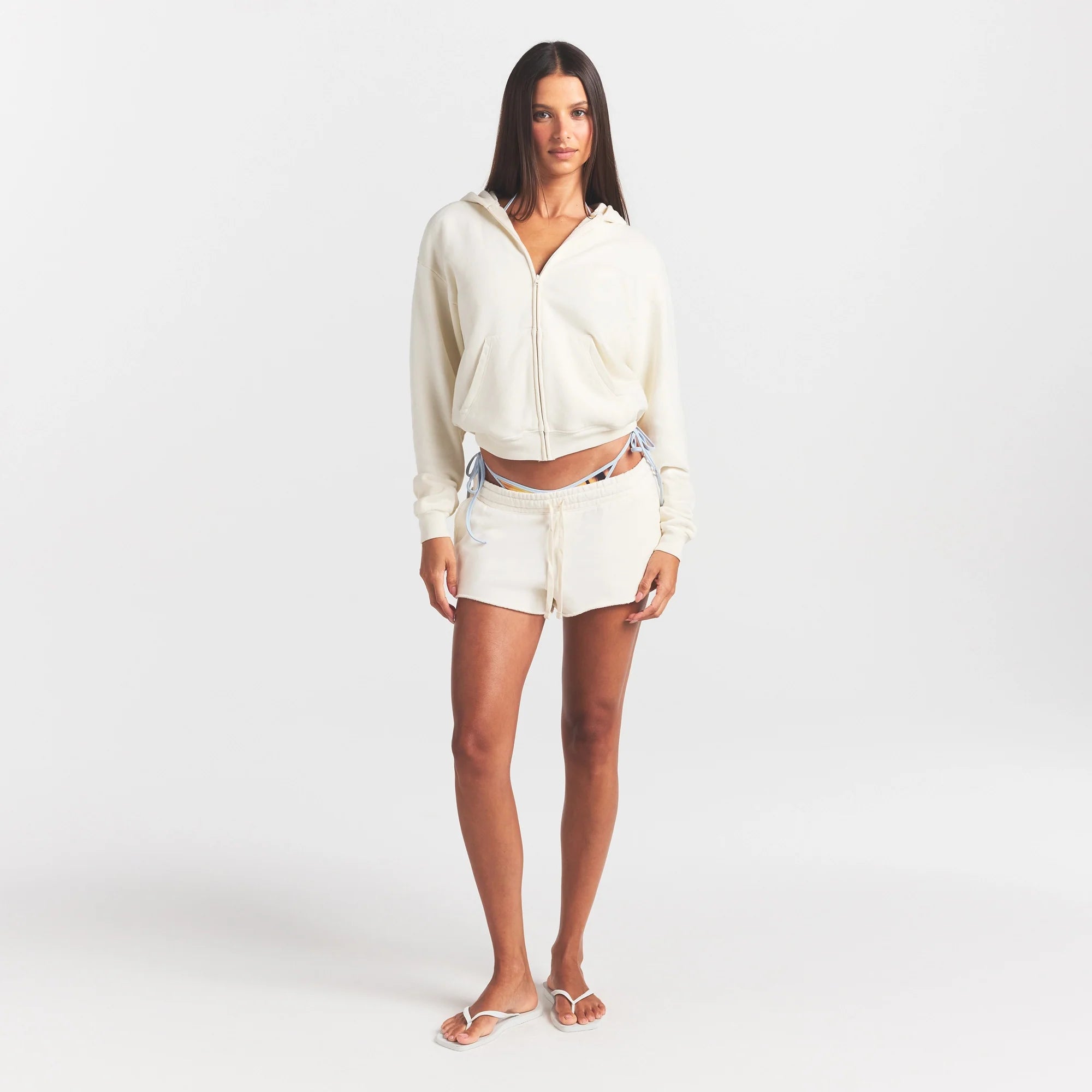FRENCH TERRY ZIP UP HOODIE | ECRU ON A MODEL FRONT VIEW @ | FOCUS: 0.0, 1.0, 0.9