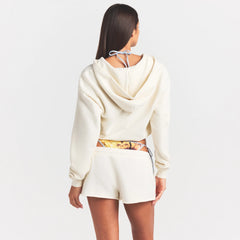 FRENCH TERRY ZIP UP HOODIE | ECRU ON A MODEL SIDE VIEW @ | FOCUS: 0.0, 1.0, 0.9