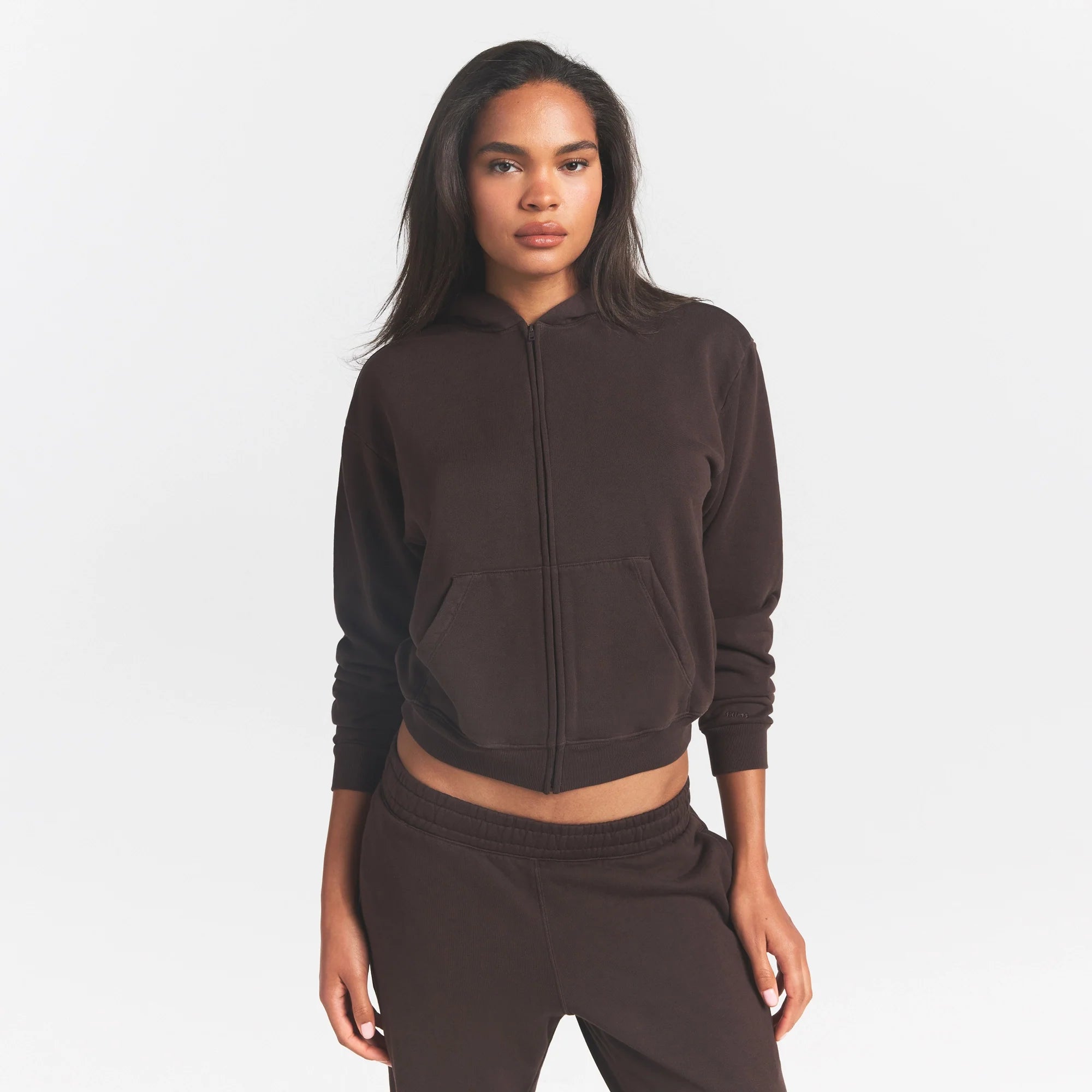 FRENCH TERRY ZIP UP HOODIE | ESPRESSO ON A MODEL SIDE VIEW @ | FOCUS: 0.0, 1.0, 0.9