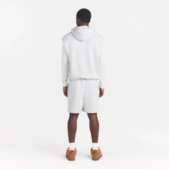 FLEECE LOUNGE MENS SLEEVELESS HOODIE | LIGHT HEATHER GREY ON A MODEL BACK VIEW @ | FOCUS: 0.0, 1.0, 0.9