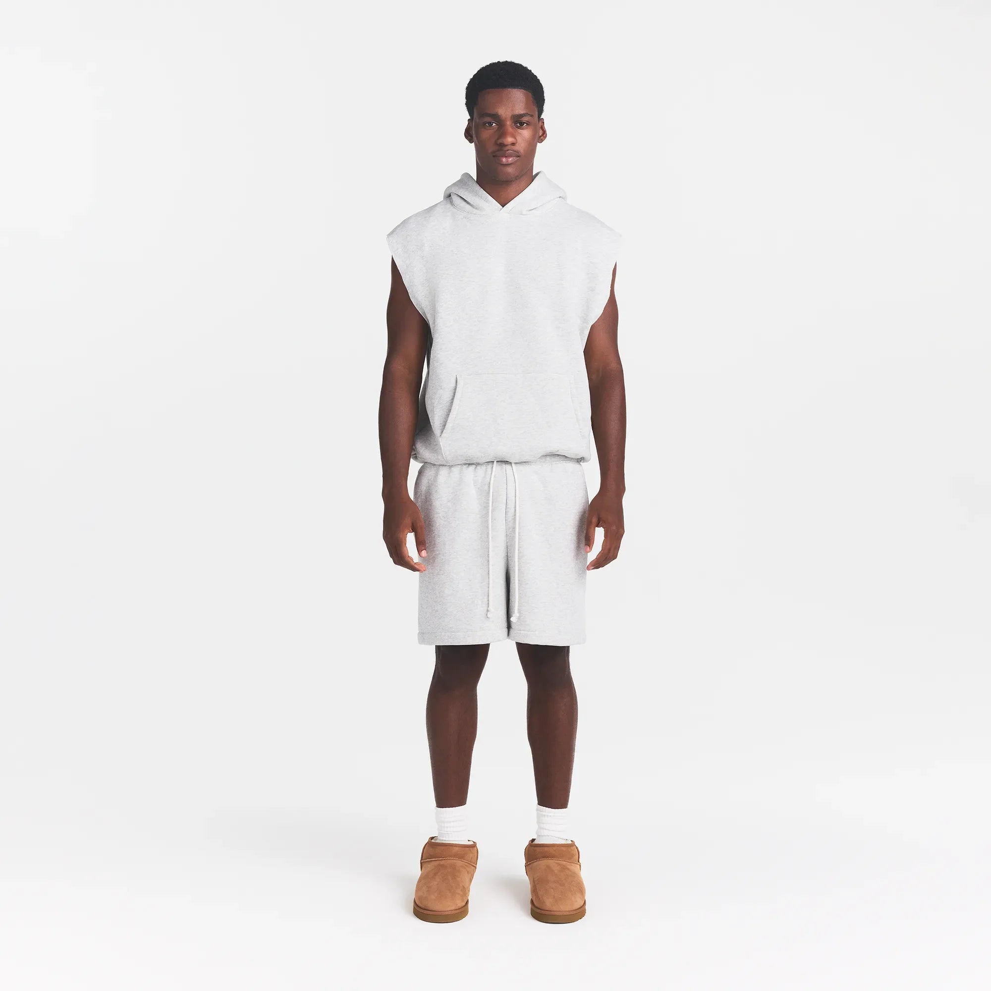 FLEECE LOUNGE MENS SLEEVELESS HOODIE | LIGHT HEATHER GREY ON A MODEL FRONT VIEW @ | FOCUS: 0.0, 1.0, 0.9