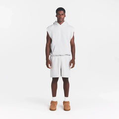 FLEECE LOUNGE MENS SLEEVELESS HOODIE | LIGHT HEATHER GREY ON A MODEL FRONT VIEW @ | FOCUS: 0.0, 1.0, 0.9