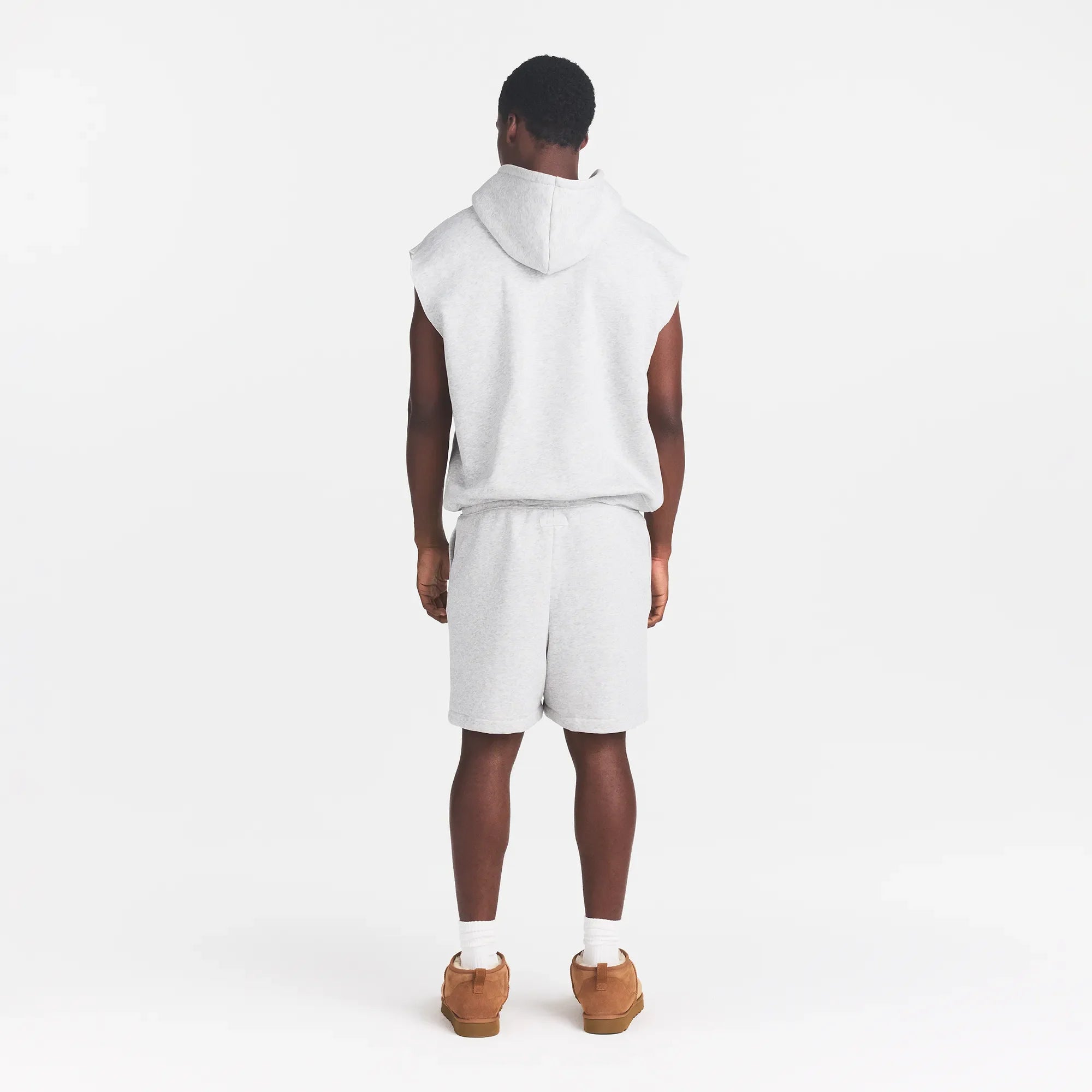 FLEECE LOUNGE MENS SLEEVELESS HOODIE | LIGHT HEATHER GREY ON A MODEL BACK VIEW @ | FOCUS: 0.0, 1.0, 0.9