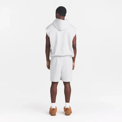 FLEECE LOUNGE MENS SLEEVELESS HOODIE | LIGHT HEATHER GREY ON A MODEL BACK VIEW @ | FOCUS: 0.0, 1.0, 0.9