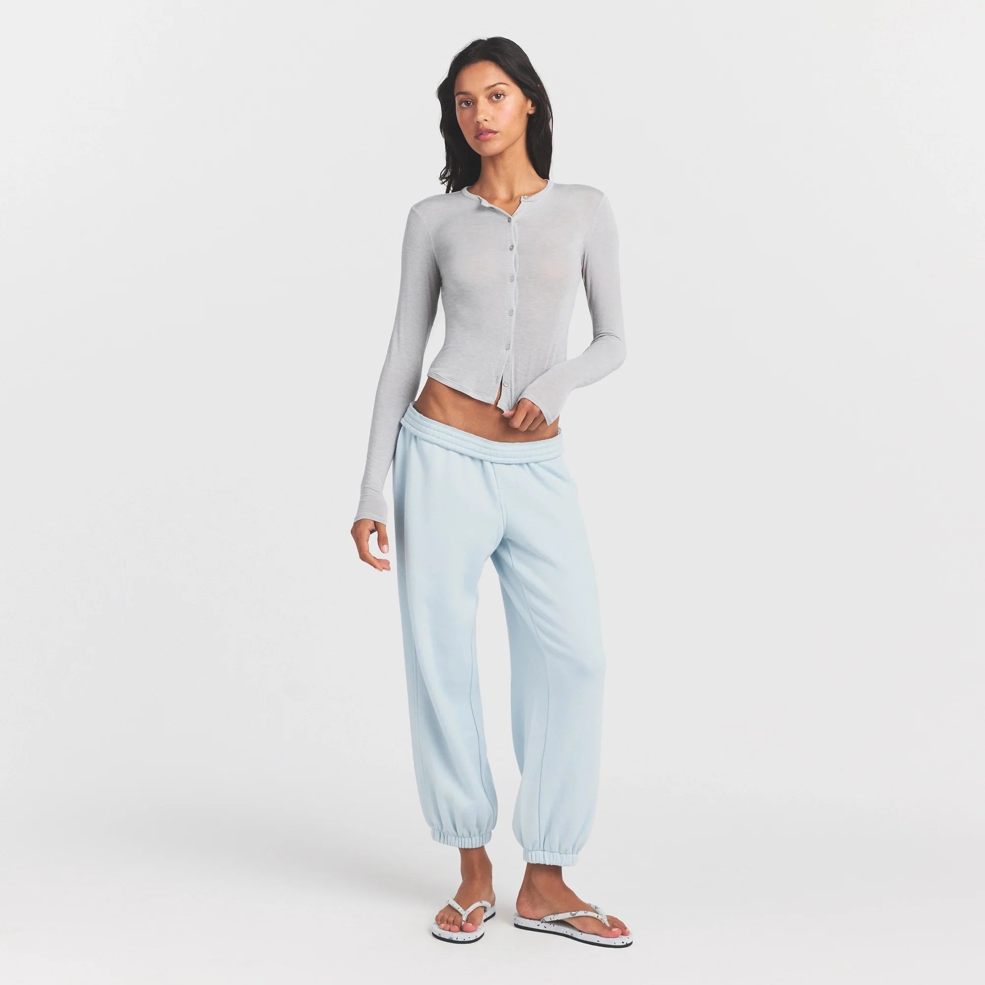 SHEER MODAL CARDIGAN | HEATHER GREY ON A MODEL FRONT VIEW @ | FOCUS: 0.0, 1.0, 0.9