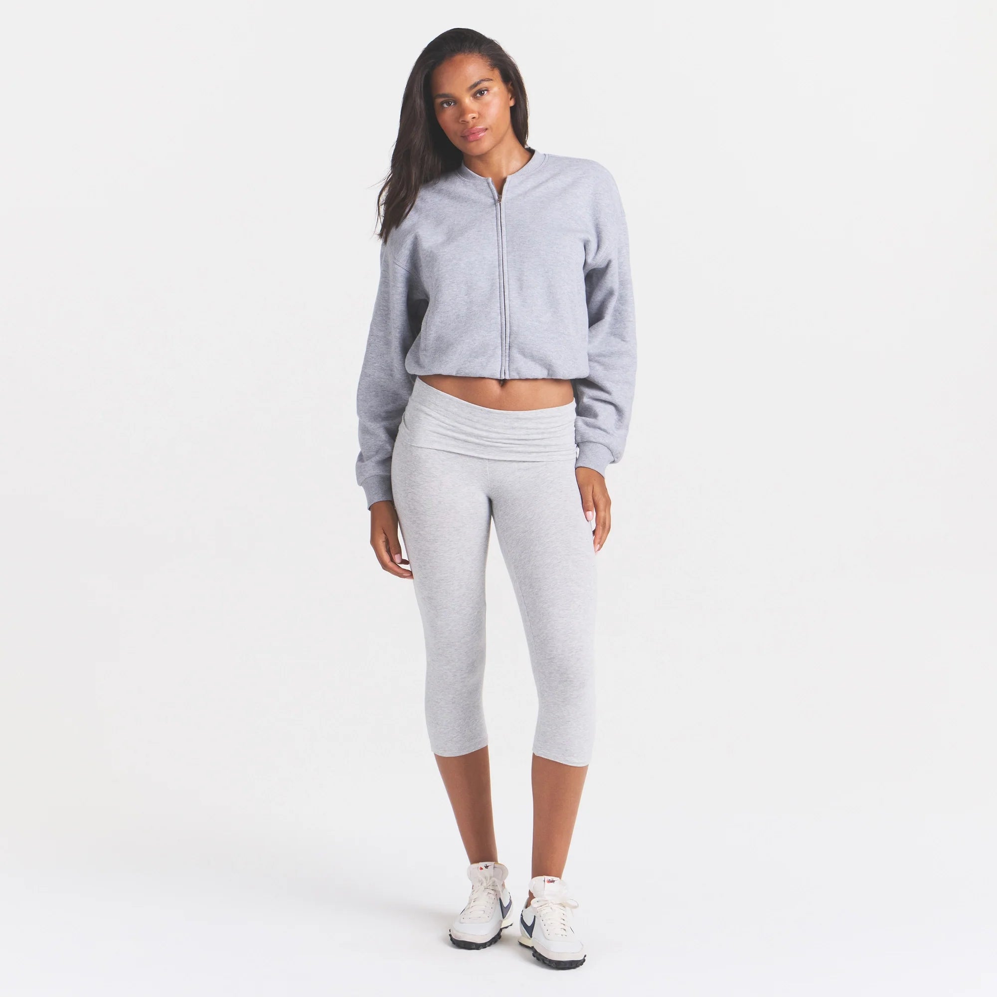COTTON FLEECE BOMBER | HEATHER GREY ON A MODEL FRONT VIEW @ | FOCUS: 0.0, 1.0, 0.9