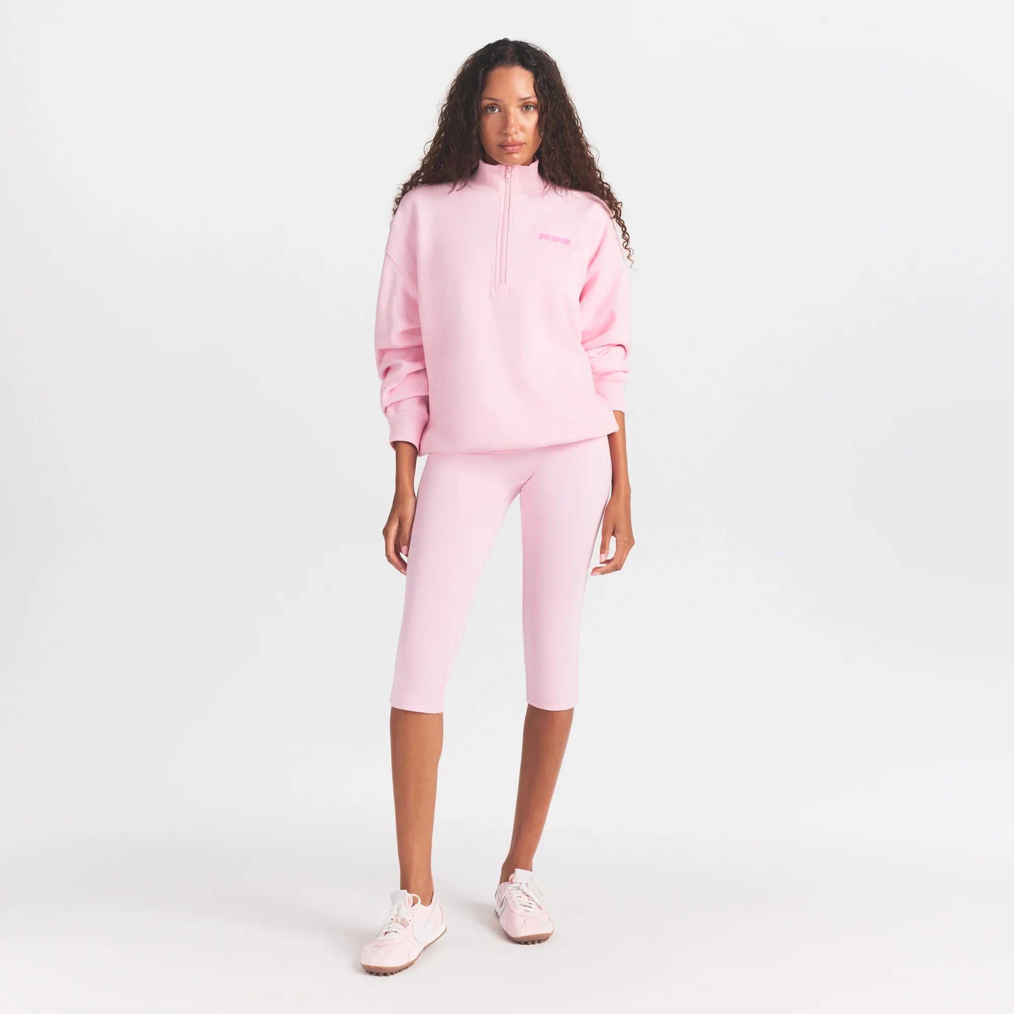 COTTON FLEECE MOCK NECK QUARTER ZIP | CHERRY BLOSSOM ON A MODEL FRONT VIEW @ | FOCUS: 0.0, 1.0, 0.9