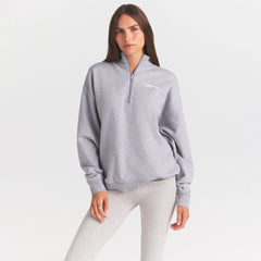 COTTON FLEECE MOCK NECK QUARTER ZIP | HEATHER GREY ON A MODEL SIDE VIEW @ | FOCUS: 0.0, 1.0, 0.9
