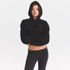 COTTON FLEECE HOODIE WITH EMBOSSED LOGO | ONYX ON A MODEL SIDE VIEW @ | FOCUS: 0.0, 1.0, 0.9