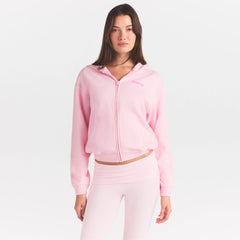 COTTON FLEECE CLASSIC ZIP UP HOODIE | CHERRY BLOSSOM ON A MODEL SIDE VIEW @ | FOCUS: 0.0, 1.0, 0.9