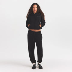 COTTON FLEECE ZIP UP HOODIE WITH EMBOSSED LOGO | ONYX ON A MODEL FRONT VIEW @ | FOCUS: 0.0, 1.0, 0.9