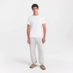 HEAVYWEIGHT COTTON MENS CLASSIC CREW NECK T-SHIRT | CHALK ON A MODEL FRONT VIEW @ | FOCUS: 0.0, 1.0, 0.9