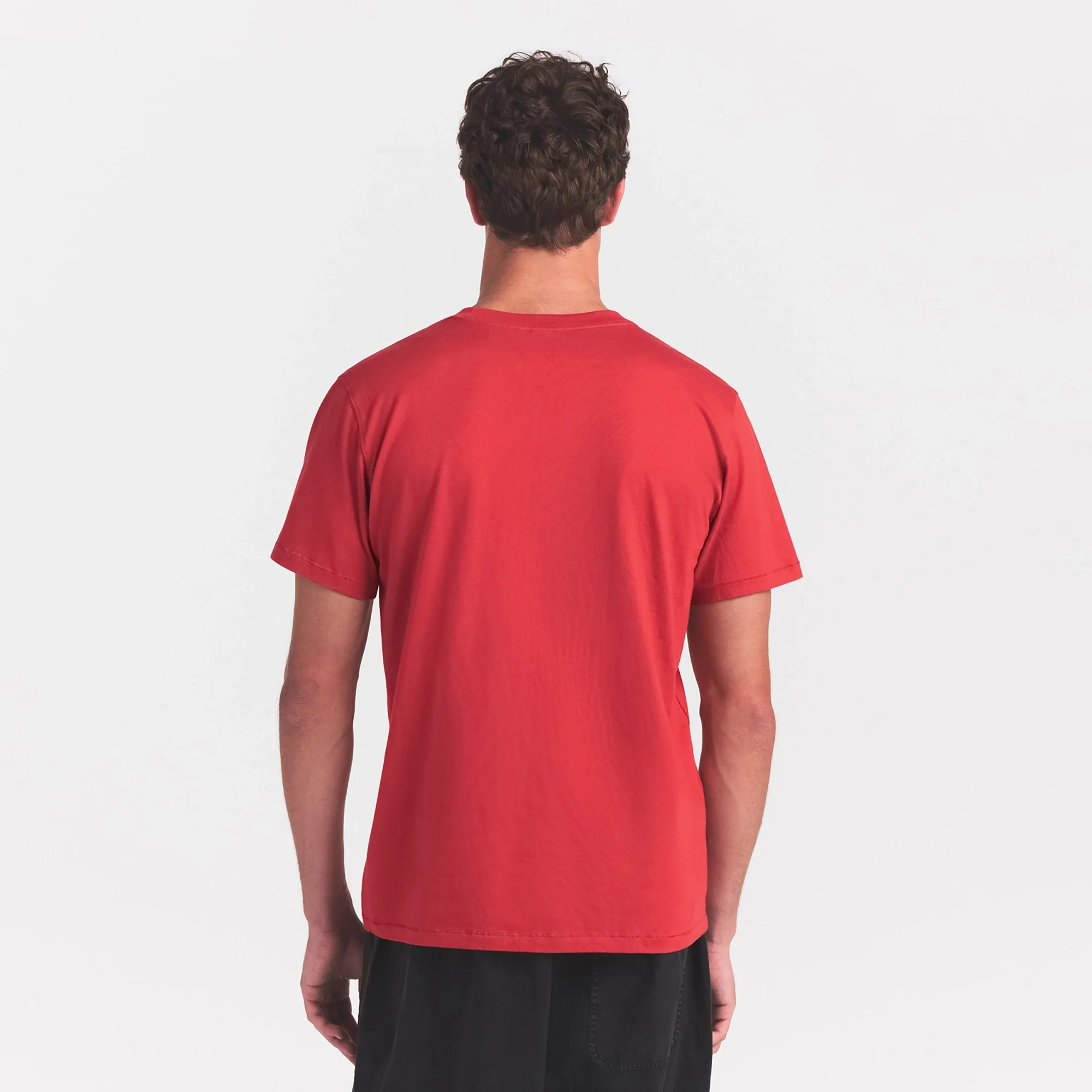 HEAVYWEIGHT COTTON MENS CLASSIC CREWNECK | WASHED RED ON A MODEL SIDE VIEW @ | FOCUS: 0.0, 1.0, 0.9
