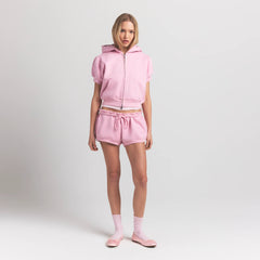 COTTON FLEECE BUBBLE SLEEVE CROPPED ZIP UP | HALITE ON A MODEL FRONT VIEW S | FOCUS: 0.0, 1.0, 0.9
